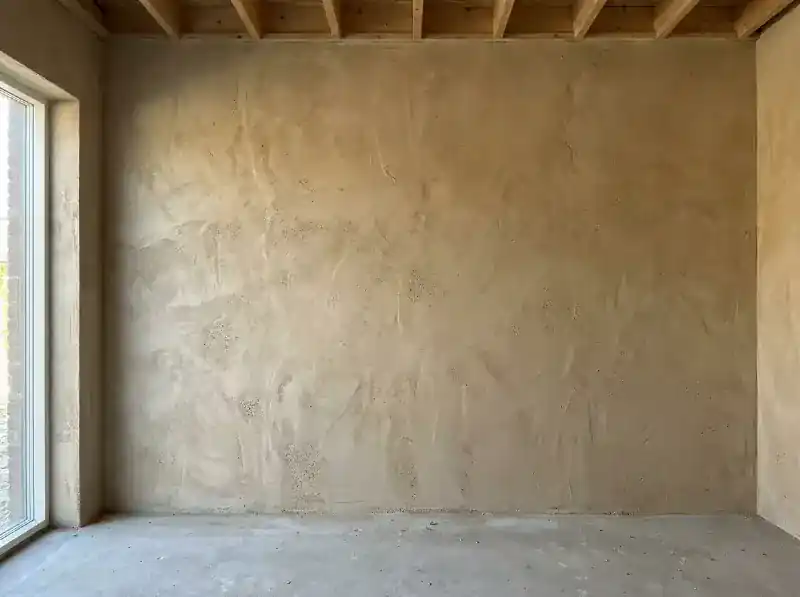 Binnenmuur afgewerkt met een fijne sierpleister waarover daglicht strijkt