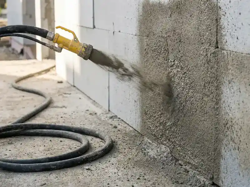 Sierpleister die met een spuitpistool op een geisoleerde gevel wordt aangebracht